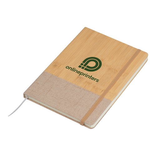 Beiges Notizbuch mit Bambus-Einband und elastischem Verschlussband.