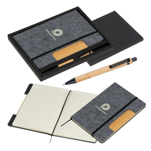 Silbergraues Filz-Notizbuchset mit Stift und Geschenkbox.
