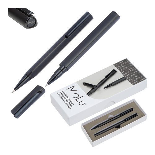 Schwarzes Schreibset mit Kugelschreiber und Tintenroller in Geschenkbox.