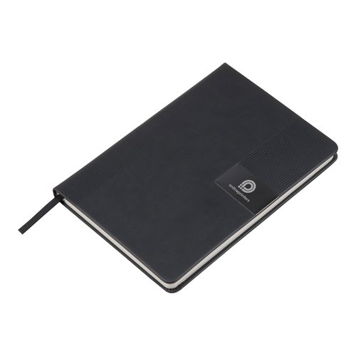 Schwarzes Notizbuch mit Stifthalter und Leseband.