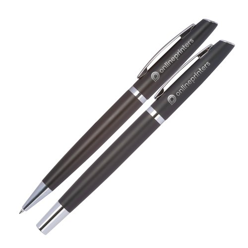 Orangefarbenes Aluminium Schreibset bestehend aus Kugelschreiber und Etui.