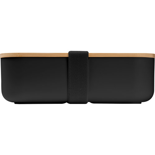 Schwarze Lunchbox mit Bambusdeckel und elastischem Halteband.