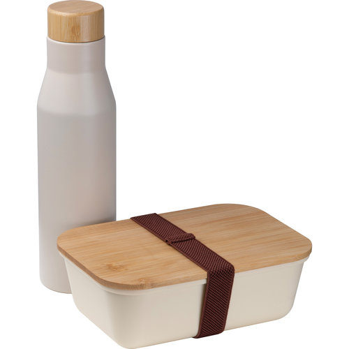 Beige Lunchbox mit Edelstahlflasche und Bambusdeckel.