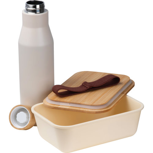 Beige Lunchbox mit Edelstahlflasche und Bambusdeckel.