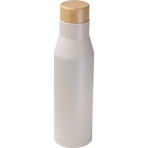 Beige Edelstahl Lunchbox mit Edelstahlflasche und Holzdeckel.