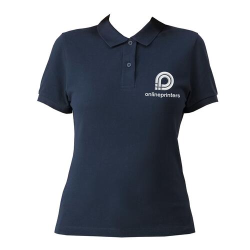 Marineblaues Damen-Poloshirt aus Bio-Baumwolle mit kurzer Knopfleiste.
