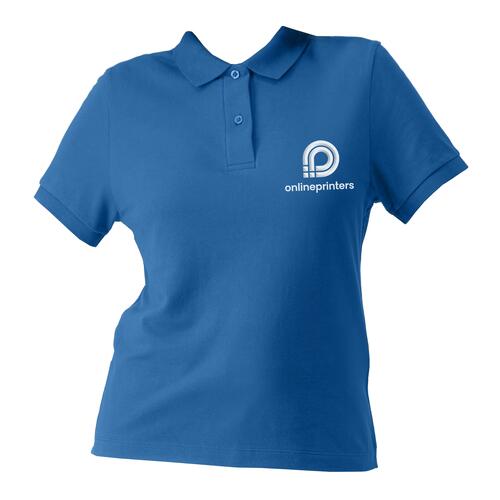 K�nigsblaues Damen-Poloshirt aus Bio-Baumwolle mit kurzer Knopfleiste.