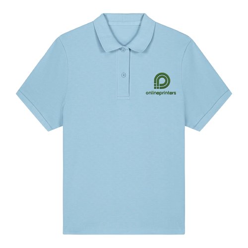 Himmelblaues Damen-Poloshirt aus Bio-Baumwolle mit kurzer Knopfleiste.