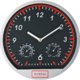 Silberne Wanduhr mit Temperatur- und Luftfeuchtigkeitsanzeige.