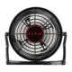 Schwarzer Tischventilator mit verstellbarem Neigungswinkel.